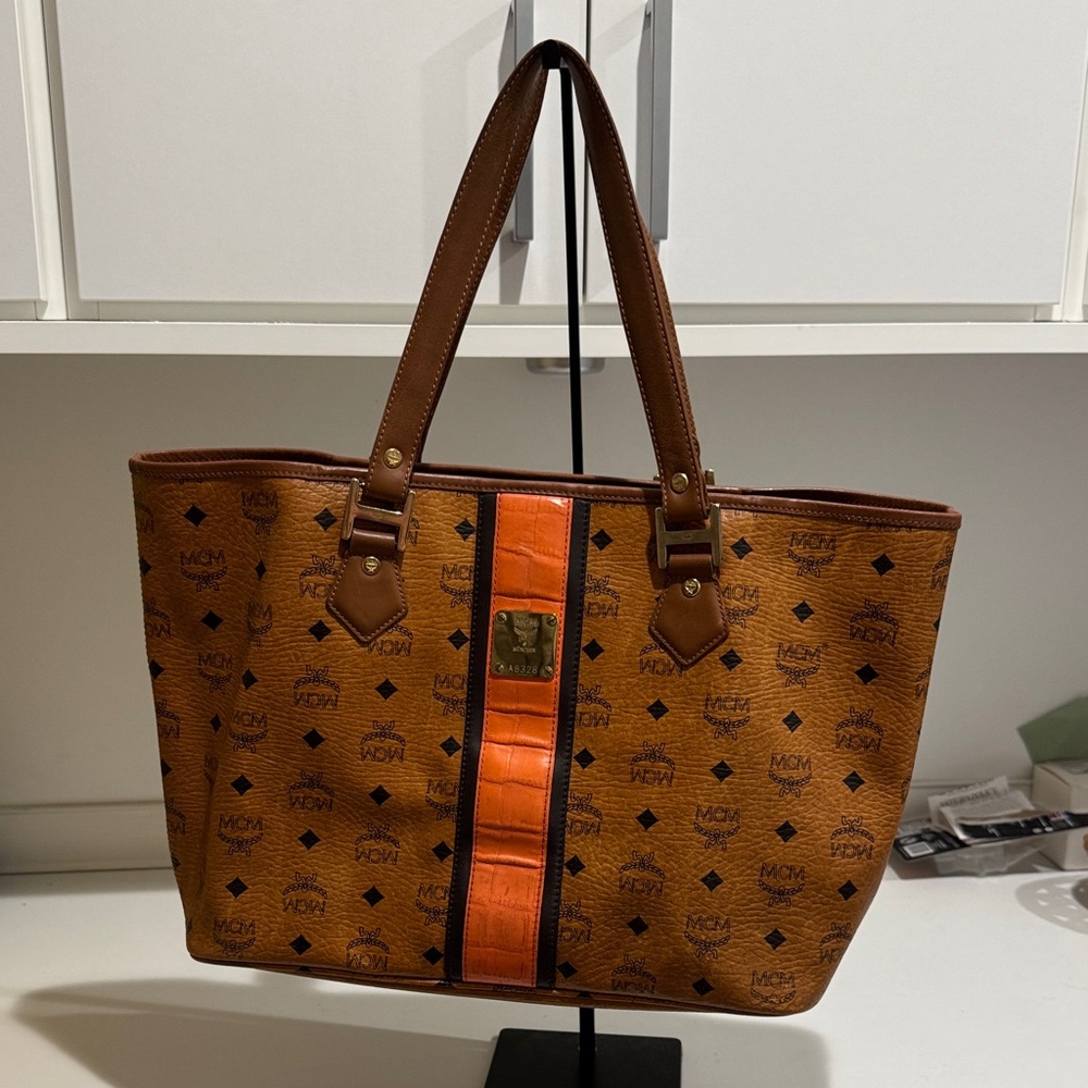 MCM Vesitos Cognac and Orange Logo Tote